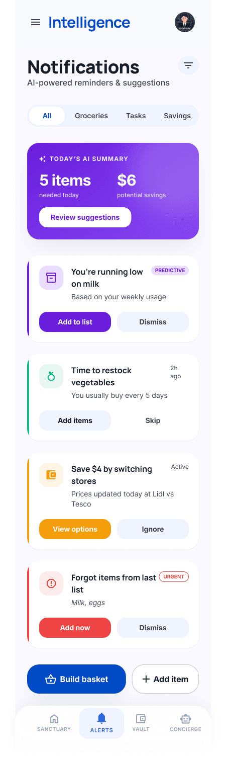 HomeOps AI smart-restock notification center
