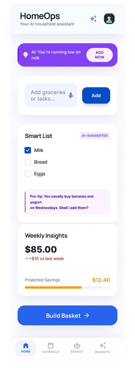 HomeOps home screen — weekly meal plan view